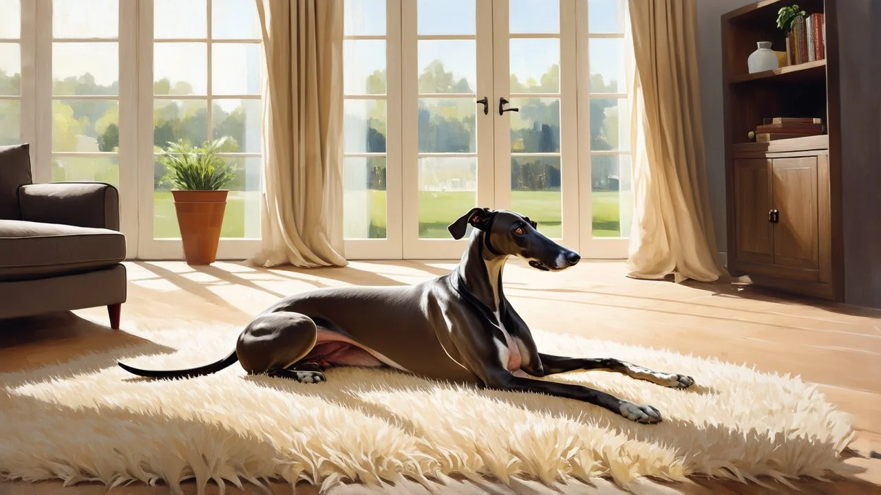 The sleek greyhound lay gracefully on the plush living room carpet, exuding a sense of calm and elegance. As the woman gazed around her modern house, she marveled at the clean and simple lines that defined the space. This exquisite oil painting captures the beauty of the moment, with the sunlight streaming in through the large windows, illuminating the dog's sleek coat and highlighting the sophisticated design of the room. Every detail is rendered with precision and skill, resulting in a stunnin