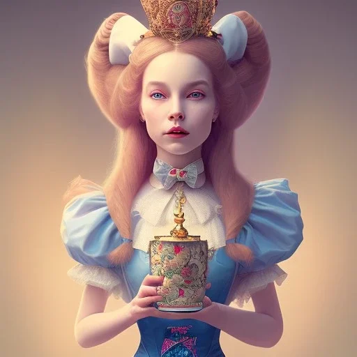 whole portrait of "Alice in the wonderland",Award-winning,dressin Disney style, detailed eyes, Realistic lighting, cinematic lighting, octane render, 8k ,elegant,sarcastic smile, by Chie Yoshii,Brian Kesinger,Gediminas Pranckevičius