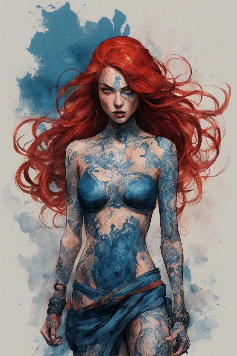 full body character concept illustration of a long red haired, blue tattooed Pict woman, , maximalist, sharp focus, highest resolution, in the styles of Denis Forkas , and Masahiro Ito, boldly inked, 8k, coarse, gritty textures