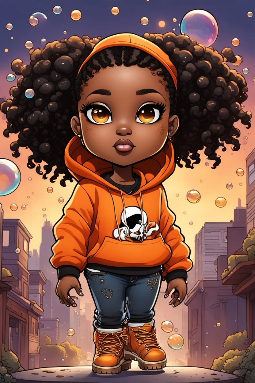 Create an colorful urban comic book illustration of a chibi cartoon black female thick curvy wearing a cut of orange hoodie and black jeans and timberland boots. Prominent make up with long lashes and hazel eyes. Highly detailed shiny sister locs. Background of a large bubbles all around her