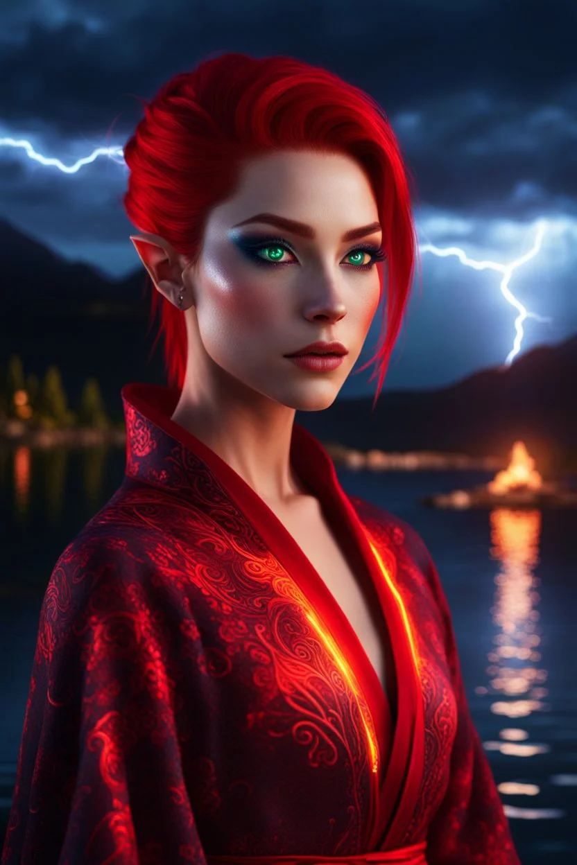 detailed eyes, female half elf, red sleek and chicz hairstyle, detailed glowing ornamental magical pattern robe, glowing gem crackling with lightning implanted on robe, 8k, high detail, lake background, midnight, facing viewer, front facing