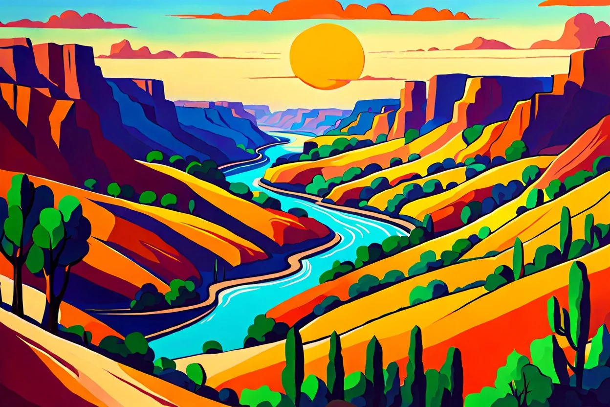 create a panoramic landscape of a southwestern river canyon in the fauvist art style of Andre Derain, highly detailed, 4k,