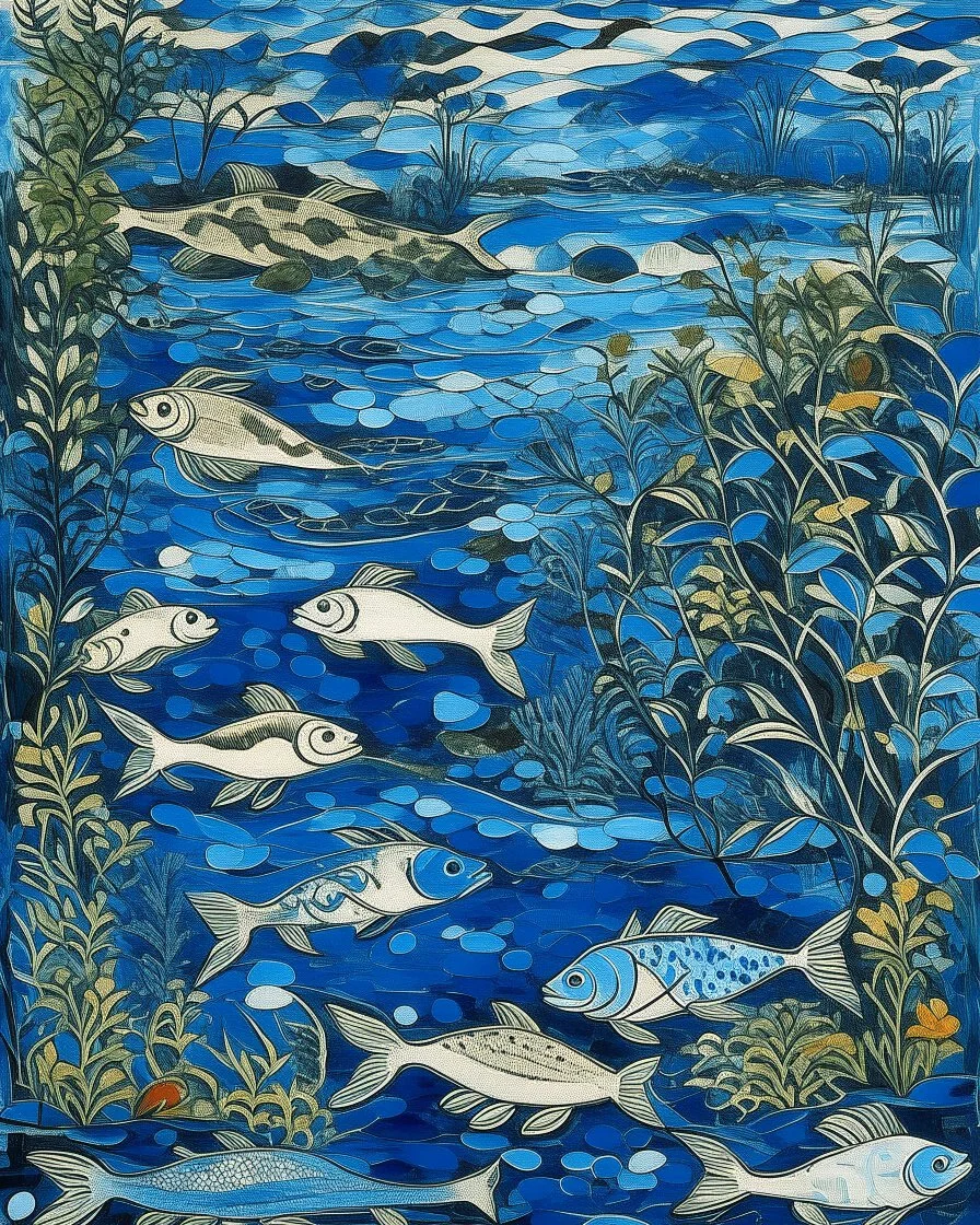 Blue wetlands with catfish designed in ancient Greek mosaics painted by Jackson Pollock
