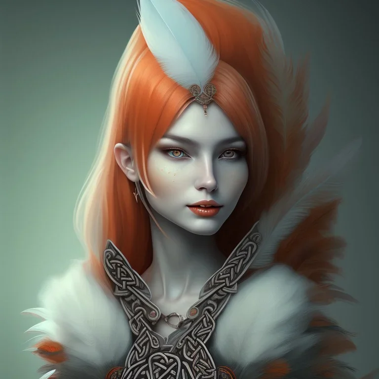 A beautiful portrait of a cute woman orange color scheme, high key lighting, volumetric light high details with white stripes and feathers and celtic paterns, animal skin-color-grey-jacket, long-sharp-teeth-front of vampire, cute smile