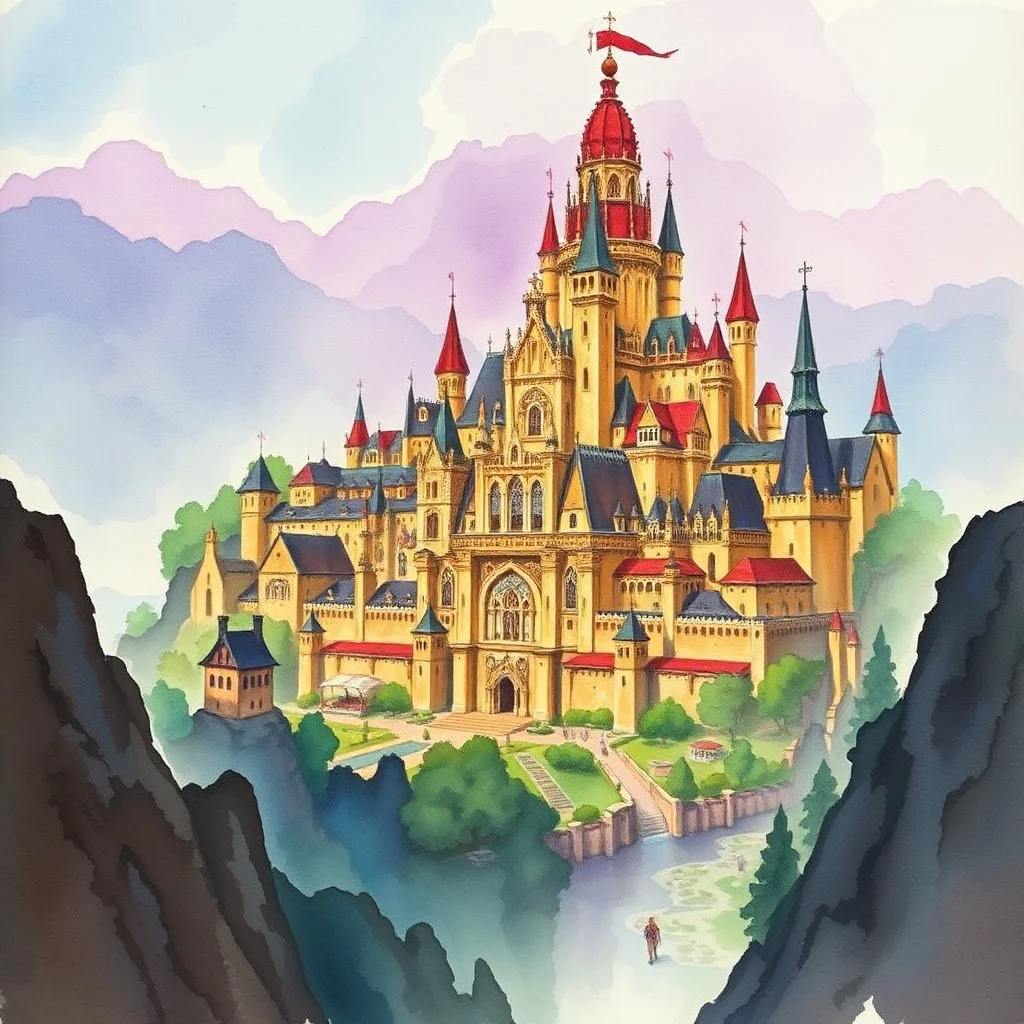 dnd, fantasy, watercolour, large strokes, stylistic, landscape, illustration, capital city, opulent, magnificent, medieval