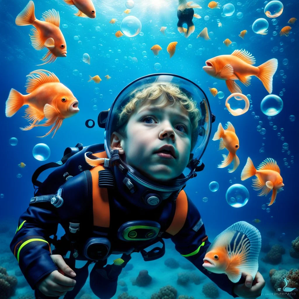 Make a image of a young boy wearing scuba gear, underwater with fish, jellyfish and bubbles. Low angle view looking up towards the surface of the Ocean, Photorealistic.