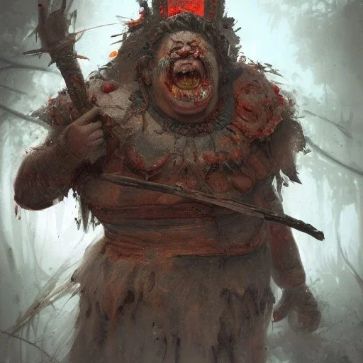 Insanely detailed photograph of an “portrait of a towering Giant Downsyndrome D&D barbarian wearing a red loincloth laughing”, smiling clear face and hyperdetailed painting by Ismail Inceoglu Huang Guangjian and Dan Witz CGSociety ZBrush Central fantasy art album cover art,8K, hdr, epic, mysterious, ominous, hands focused on a glowing D20, jewelry, motivated