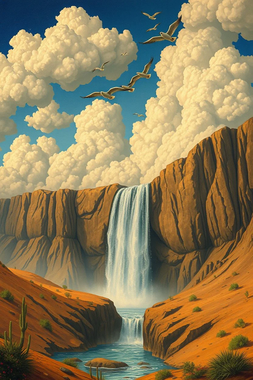 Hieronymus Bosch Style high quality picture waterfall in the desert beautiful clouds with birds hovering above