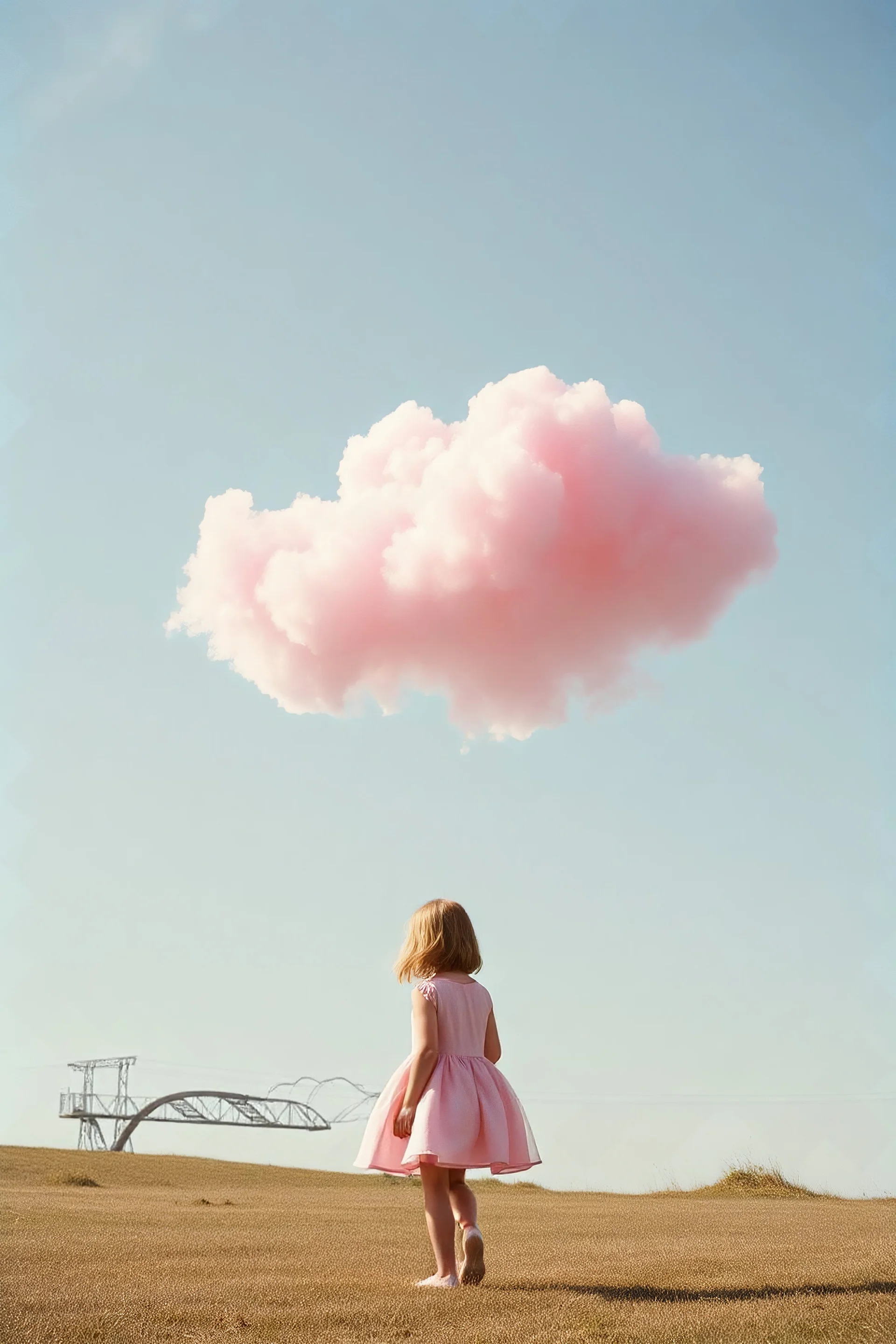 A pink plastic cloud floating near a little girl, autochrome