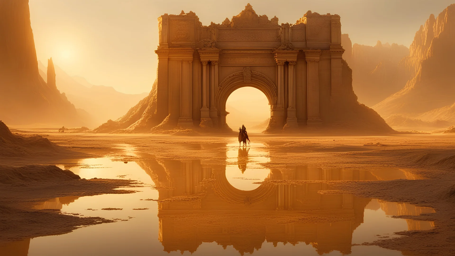 an old road to nowhere, a portal in the middle showing chaotic hellscape, golden hour, dust is flowing in layers, puddles of water on the ground, an warrior orch in the foreground masterpiece 4k, intricate details, realistic, panoramic view, Hyperdetailed, 8k resolution, photorealistic