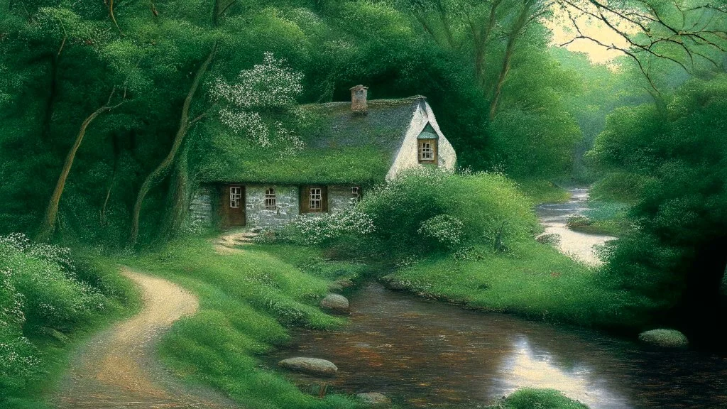 cottage in a woodland with pathway and river