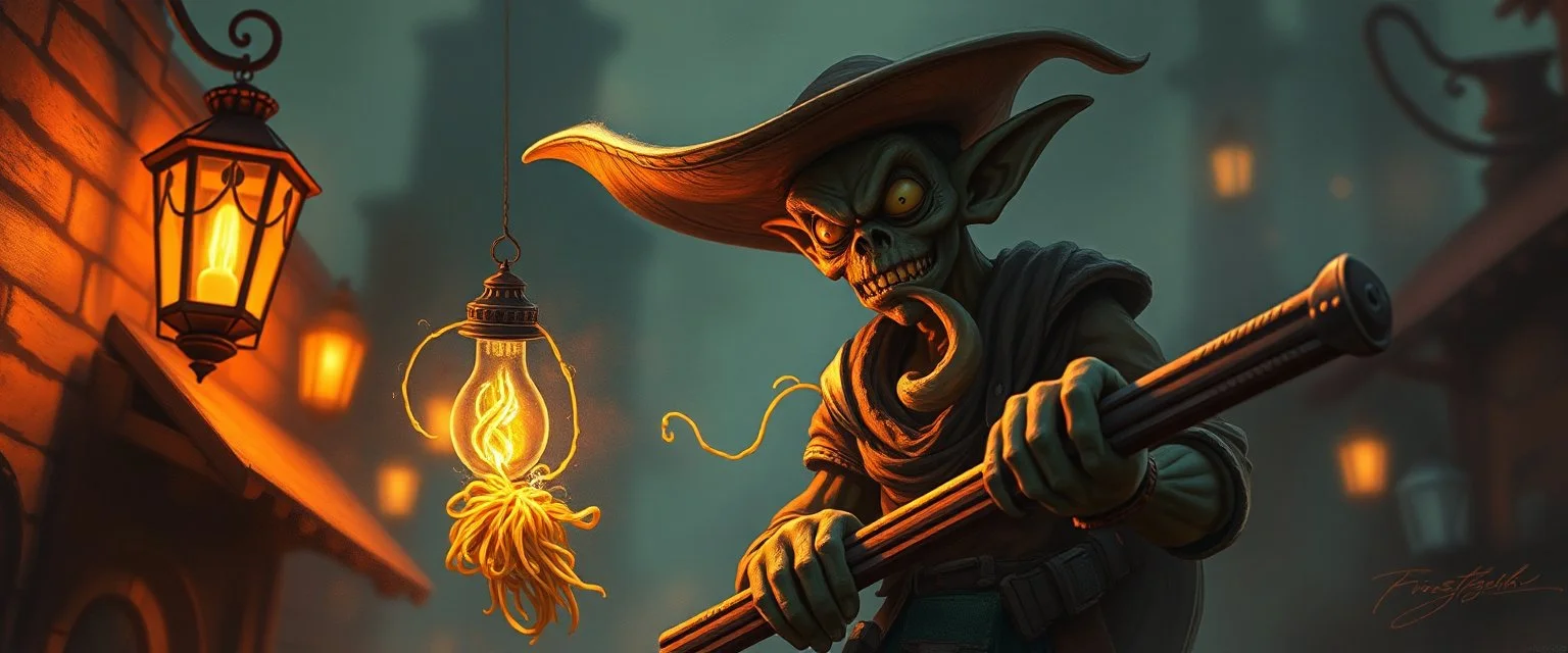 air brush 3d with pen outline,spaghetti western goblin edgy hero, shallow depth of field, warm lantern