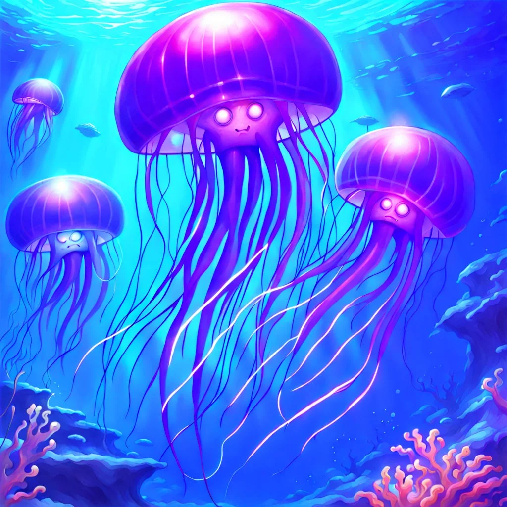 90's TCG fantasy artwork art of robot jellyfish underwater