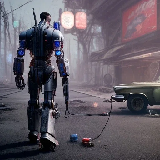 fallout 4 character, yohan diniz(fast walker) as robot in the streets of cyberpunk city filling up car, gaz station, unreal, spray paint, clay, vox model