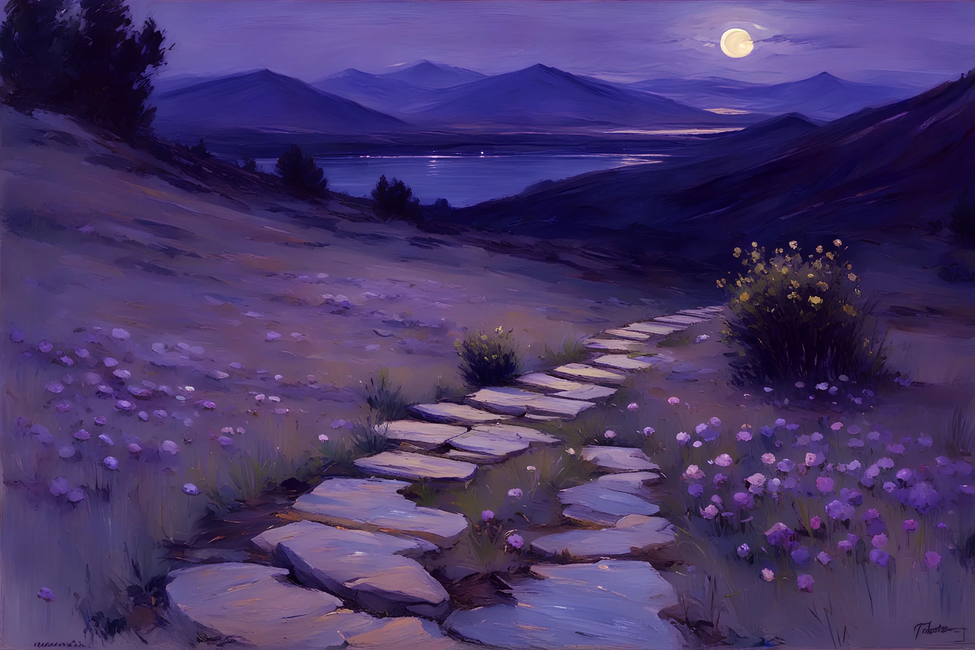 Night, purple flowers, pathway, mountains, rocks, little puddle, theodore robinson impressionism painting