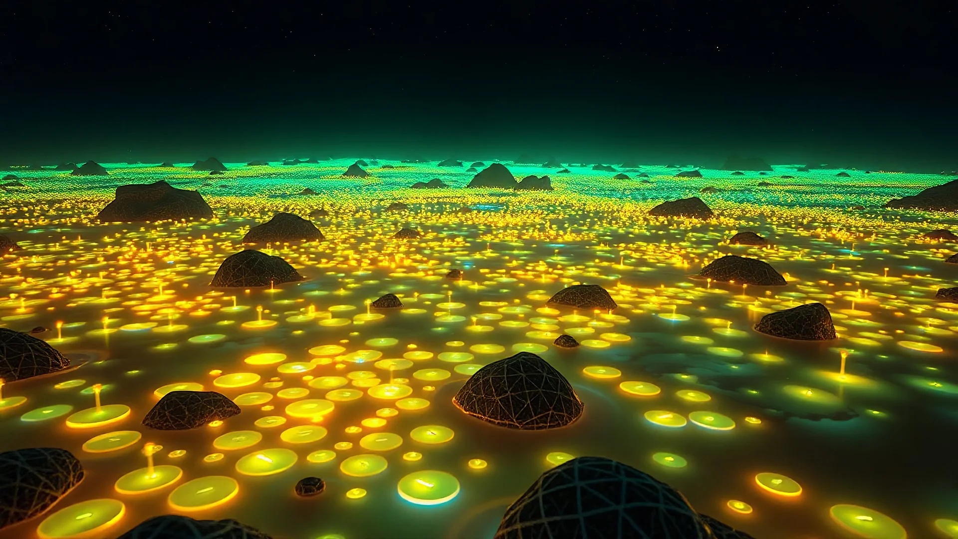 landscape covered in bioluminescent algae that looks futuristic with futuristic lighting, realistic rendering