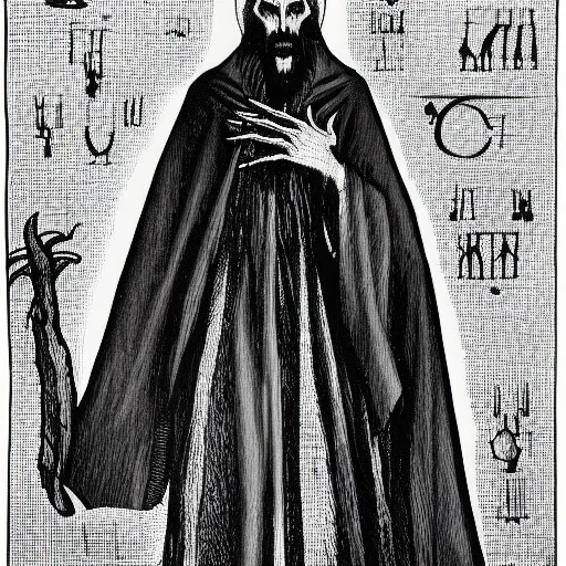 Russian Orthodox nosferatu vampire with a long beard made of flesh with long arms and a robe made a human faces