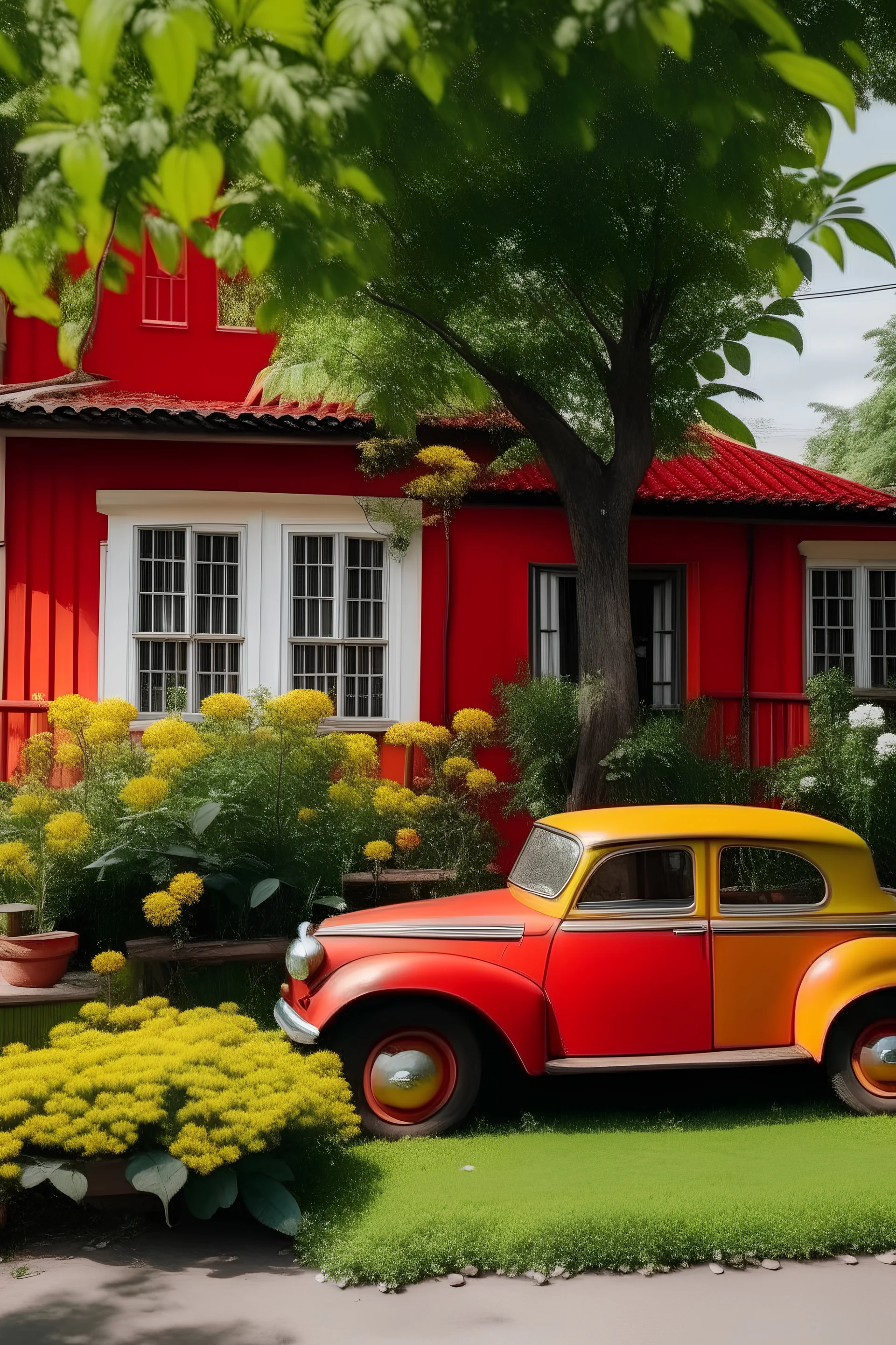 a simple moderen house,in front of small garden,many flowers,wood fence beside a mango tree.in front of the moderen red car.