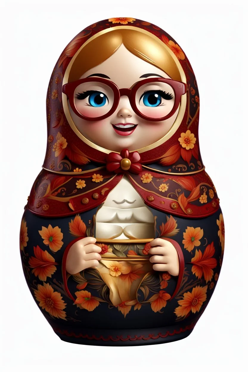 draw a Russian matryoshka doll in the style of Khokhloma, the matryoshka is smiling, the matryoshka has a smartphone in her hands, a frontal angle, a picture on a white background, the matryoshka is drawn entirely, a highly detailed 3d picture