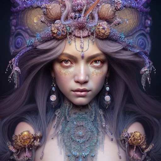 Insanely detailed photograph of an elaborate beautiful crystal goddess intricate glowing skin eyes intricate face hair lashes fur dress hyperdetailed painting by Anna Dittmann Huang Guangjian and Dan Witz CGSociety ZBrush Central fantasy art album cover art 4K 64 megapixels 8K resolution HDR Greek shiny space colours jewelry celestial hair eyes light"