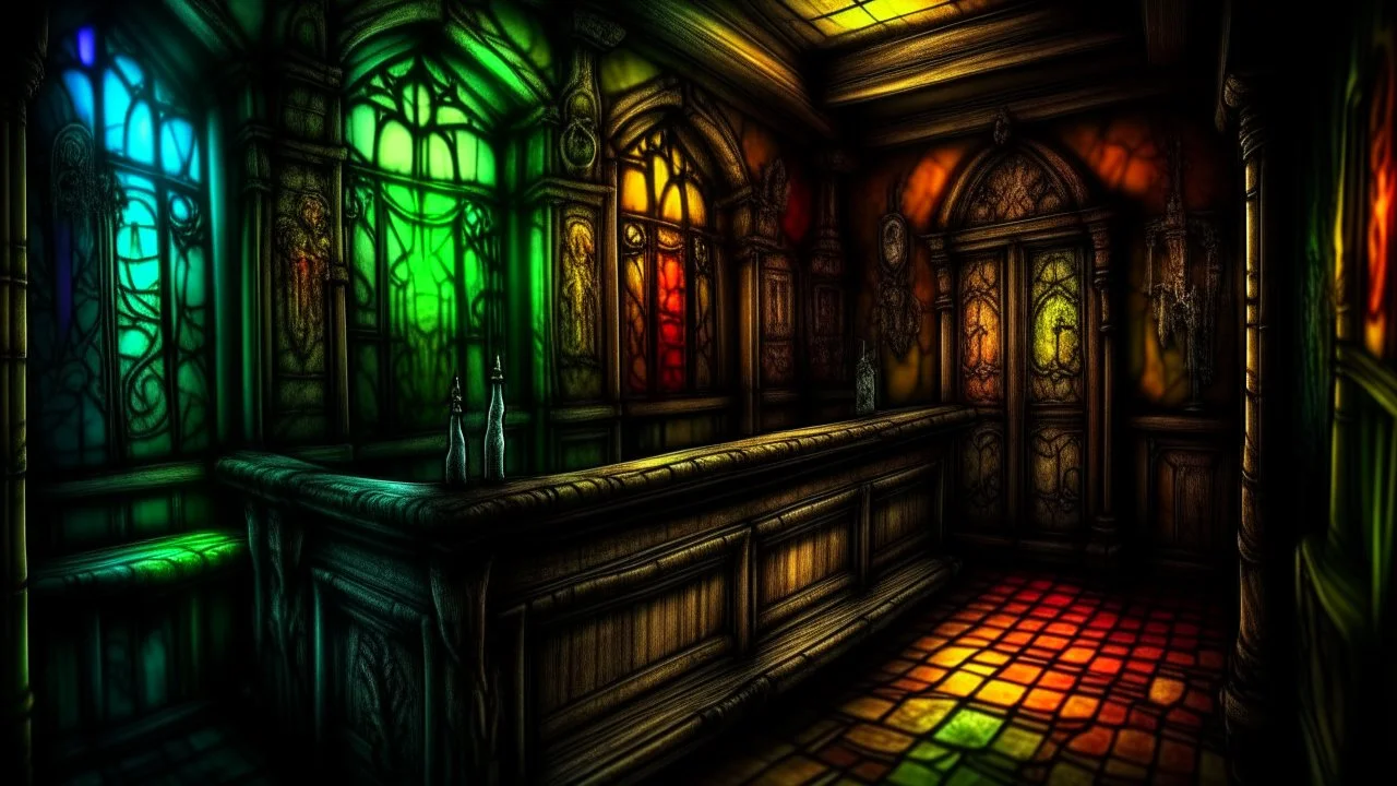 image in gothic stop-motion technique, gothic bar, drawing, cartoon, professional artist, animation, vibrant colors, HDR