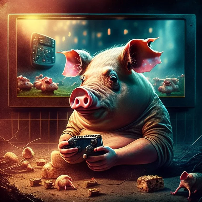 album cover realistic gamer pig watching movie about mushrooms cinema in the background