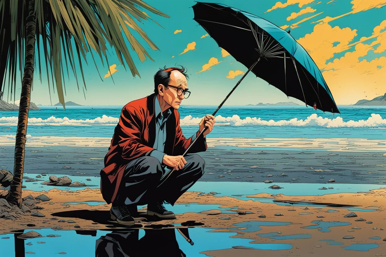 amazing reflections, wonderful textures, perfect skin, dynamic, cinematic, dramatic, deep low angle: legendary SF author William Gibson crouching on a polluted littered Japanese nuclear beach under parasol, round eyeglasses, puddle, summer vibe, Akira vibe, Katsuhiro Otomo style, bold vivid colors, sharp shadows, black outlines, very detailed, intricate