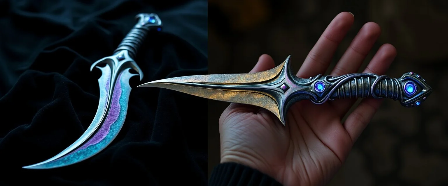 "A fantasy dagger inspired by a squid's tentacles, designed like a talon. The blade is curved and organic, shimmering with iridescent colors like deep-sea creatures. Its handle resembles a coiled squid arm, with tiny suckers and subtle bioluminescent patterns glowing in blues and purples. The overall design looks both ancient and alien, like a relic from an underwater civilization. The dagger is displayed on dark velvet or held by a gloved hand."