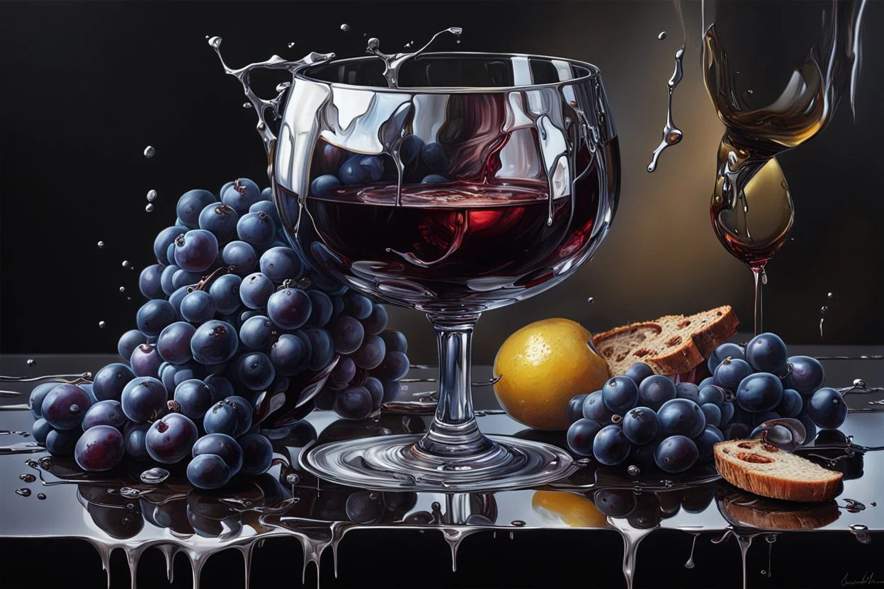 Create a masterpiece an oil painting on cracked canvas: of Gleaming melting chrome fruit and spent wine,glossy black glass reflection, partially decayed grapes, discarded stale bread, ultra-realistic portrayal, 8k resolution, rich cool tones, intricate textures, reflections, flawlessly polished exteriors, rule of thirds futuristic concept art. Modifiers: trending on Artstation highly detailed intricate crisp quality Unreal Engine cinematic composition crisp realism 8 K High Octane Render 64K, UH