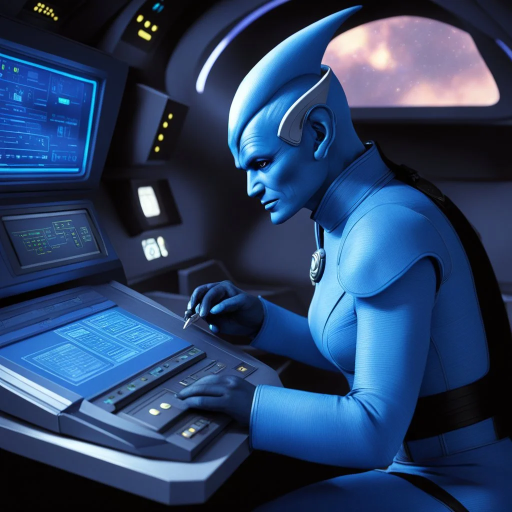 The Andorian communication officer delicately plugged the tricorder into the console, the soft blue light casting a gentle glow over their indigo skin. The device hummed to life, displaying intricate data streams and complex readings on the viewscreen. This was their domain, the realm of communication and technology, where the boundaries between science and fiction blurred into a seamless tapestry of possibilities.