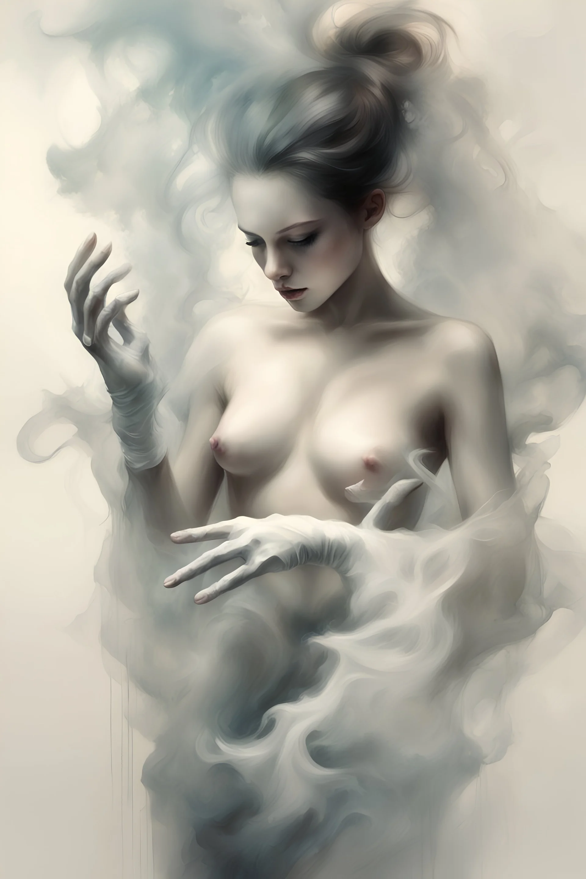 white smoke artistically takes the form of gloves by Ryohei Hase, Agnes Cecile, Raymond Swanland, Anne Bachelier, pastel smoky texture in hues of tranquility, an embodiment of minimalism with a stroke of simplicity, evoking serenity against a backdrop, black shimmering, fantasy art, backlit