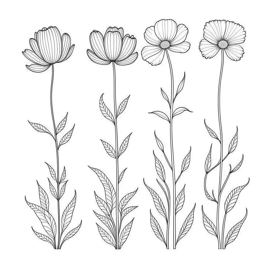 set of grow wind flower on the grace bouqute, SIMPLE ONE lineS art, white background, minimalis, different view, only white bakcground solid.