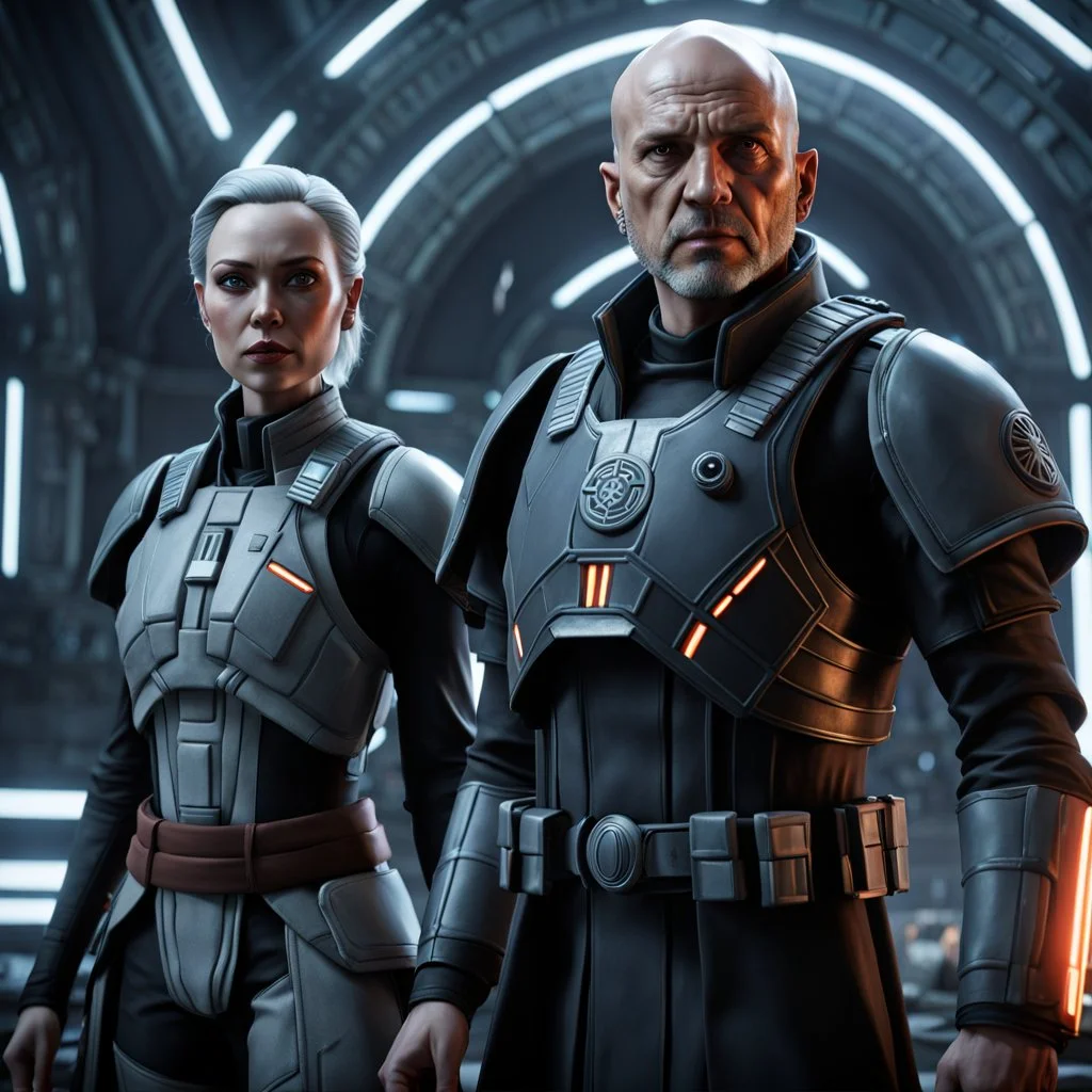 a bold and heroic bald male Corellian pilot in black and grey First Order special forces gear meets a female Jedi Master in ancient, mystical temple, hyperdetailed, dynamic lighting, hyperdetailed background, 8k resolution, volumetric lighting, light skin, fully symmetric details