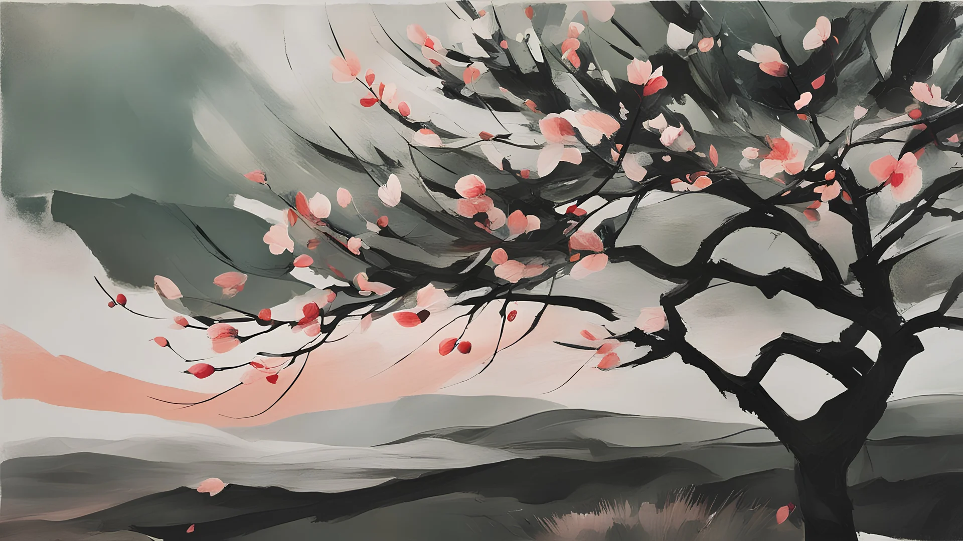 a garden before imminent storm, strong wind, a peach tree blossom petals blown in the wind, minimal acrylic and ink, (tint leaks:1.6), dark grey and dull green and peach blossom colors, harsh contrasts, windy dynamics