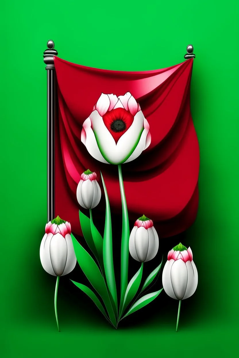 The flag of the Islamic Republic of Iran with red tulips