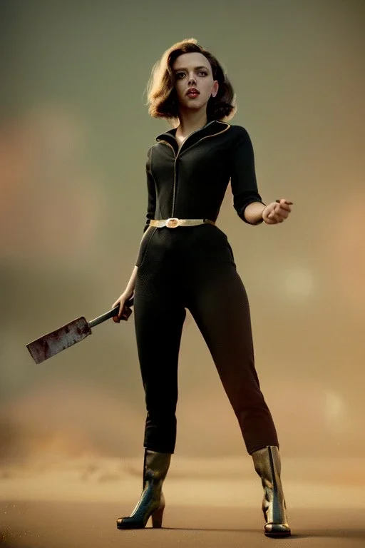 retro portrait image from 1960, explosion, long hair, young Scarlett Johansson, classic black tight lycra suit, metal stick weapon, gold bracelet and belt, high heel boots, soft color, highly detailed, unreal engine 5, ray tracing, RTX, lumen lighting, ultra detail, volumetric lighting, 3d, finely drawn, high definition, high resolution.