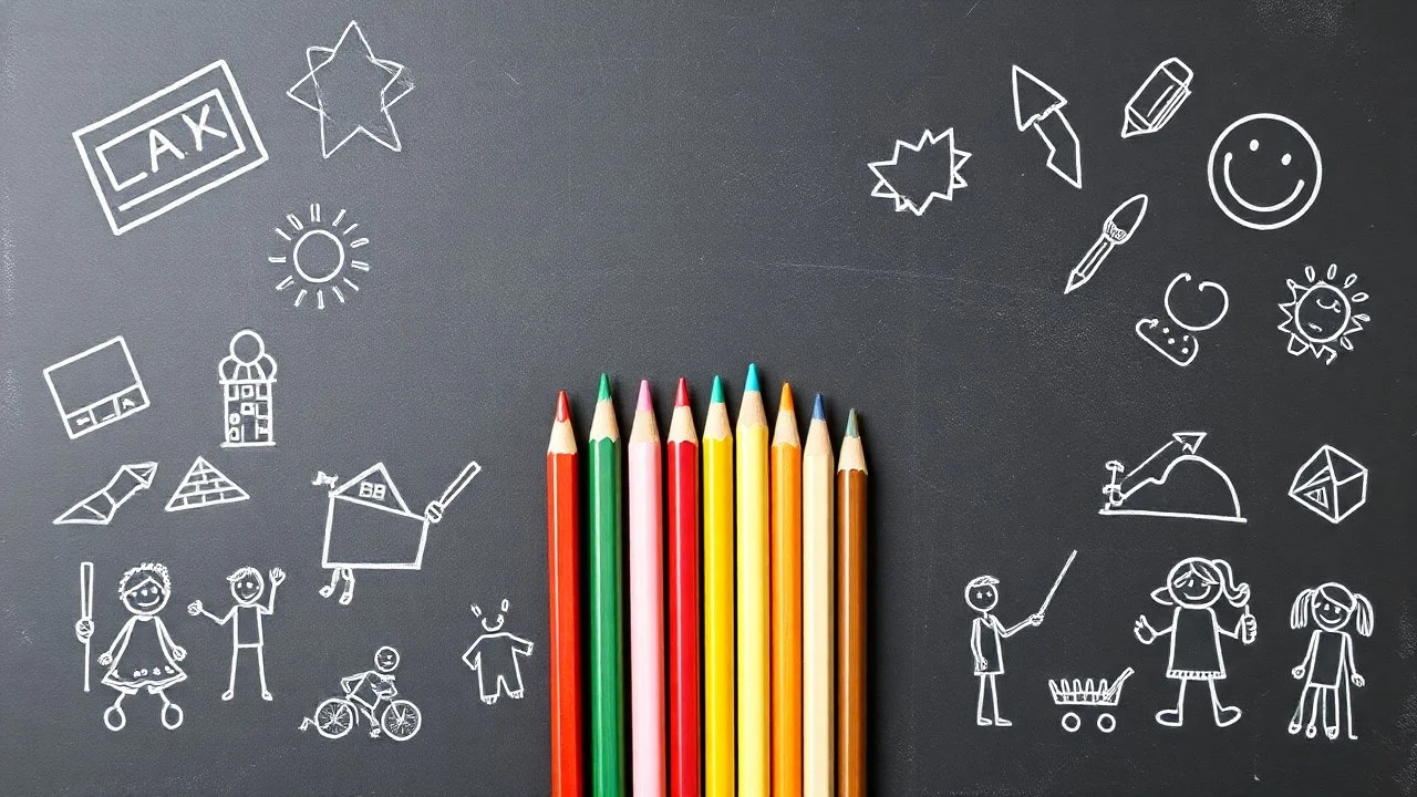 Blackboard design with a bunch of colored pencils in the middle of the image and children's drawings on a light blue background