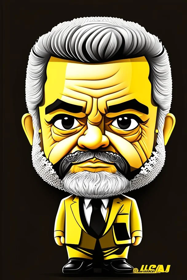 Caricatura chibi de Luis Ignacio Lula da Silva presidente de Brasil, serio, calidad ultra, hiperdetallado, color blanco, negro y amarillo, increíble obra de arte, formas y líneas estilizadas