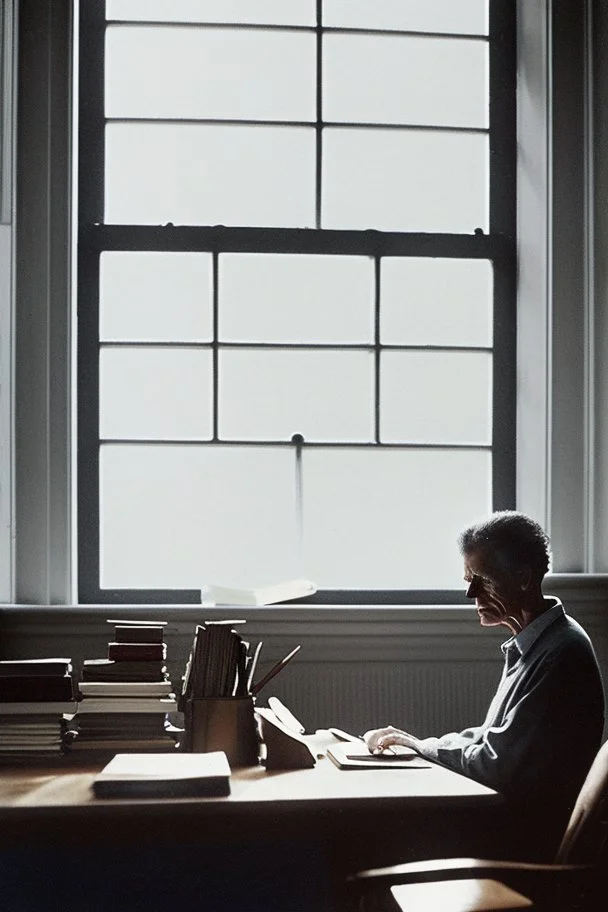 [character: Wittgenstein reading at a desk] In the quiet solitude of Ludwig Wittgenstein's study, the morning light gently caressed the contours of the room, casting a soft radiance upon the weathered desk at its center. But what drew the eye most profoundly was the figure of Wittgenstein himself, sitting with an air of contemplation and intensity that seemed to transcend time. His face, etched with lines that spoke of a lifetime of deep thought and introspection, held a certain enigmatic allur