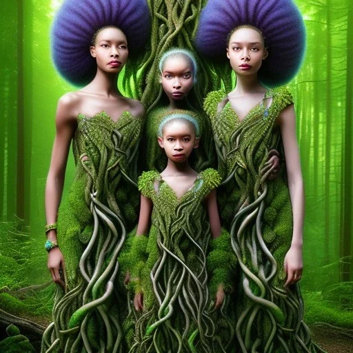 photo. .three women. A mother. Two daughter. Twins. A mother with her children. three young black women. wood nymphs emerging from the forest. Her hair looks like vines. Dreadlocs. Her skin is the colour of dark soil. Her skin looks like tree bark. Her clothing is made of vines, grass and leaves.