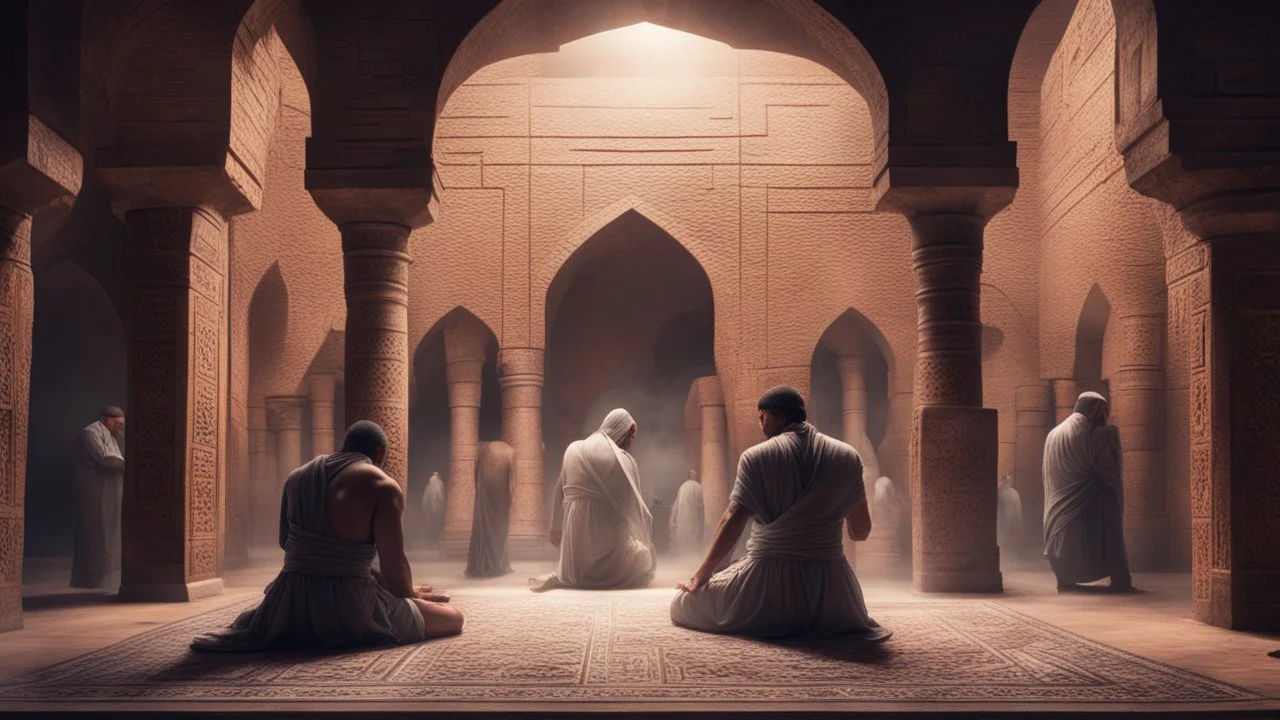 Hyper Realistic back-view of few men killing a man praying namaz with a sword inside a prehistoric-ancient-brick-mosque-with-ancient-islamic-architectural-patterns-crafted at night showing dramatic & cinematic ambiance