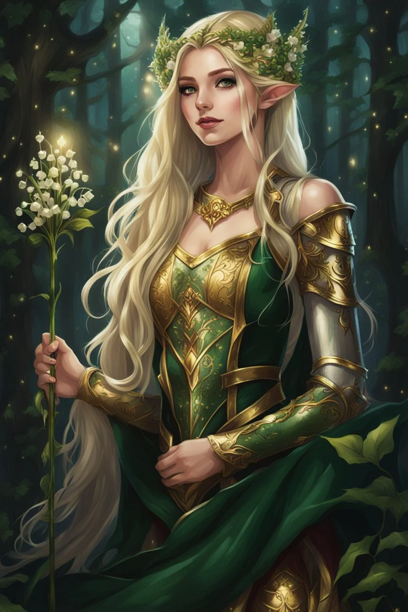 Dark green hair,Rapunzel hair,golden armor,night,sparkle,lily of the valley,ivy,elven warrior,elven ears,burgundy,green,gold,elven crown,extremely long hair