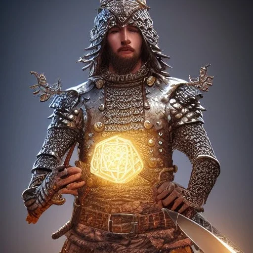 Insanely detailed photograph of a D&D sword sheathed chainmail warrior “male mariachi holding glowing D20” with intricate detailed Sombrero, intricate charo, hyperdetailed painting by Ismail Inceoglu Huang Guangjian and Dan Witz CGSociety ZBrush Central fantasy art album cover art,8K, hdr, mysterious, flickeringlights ,Stoic