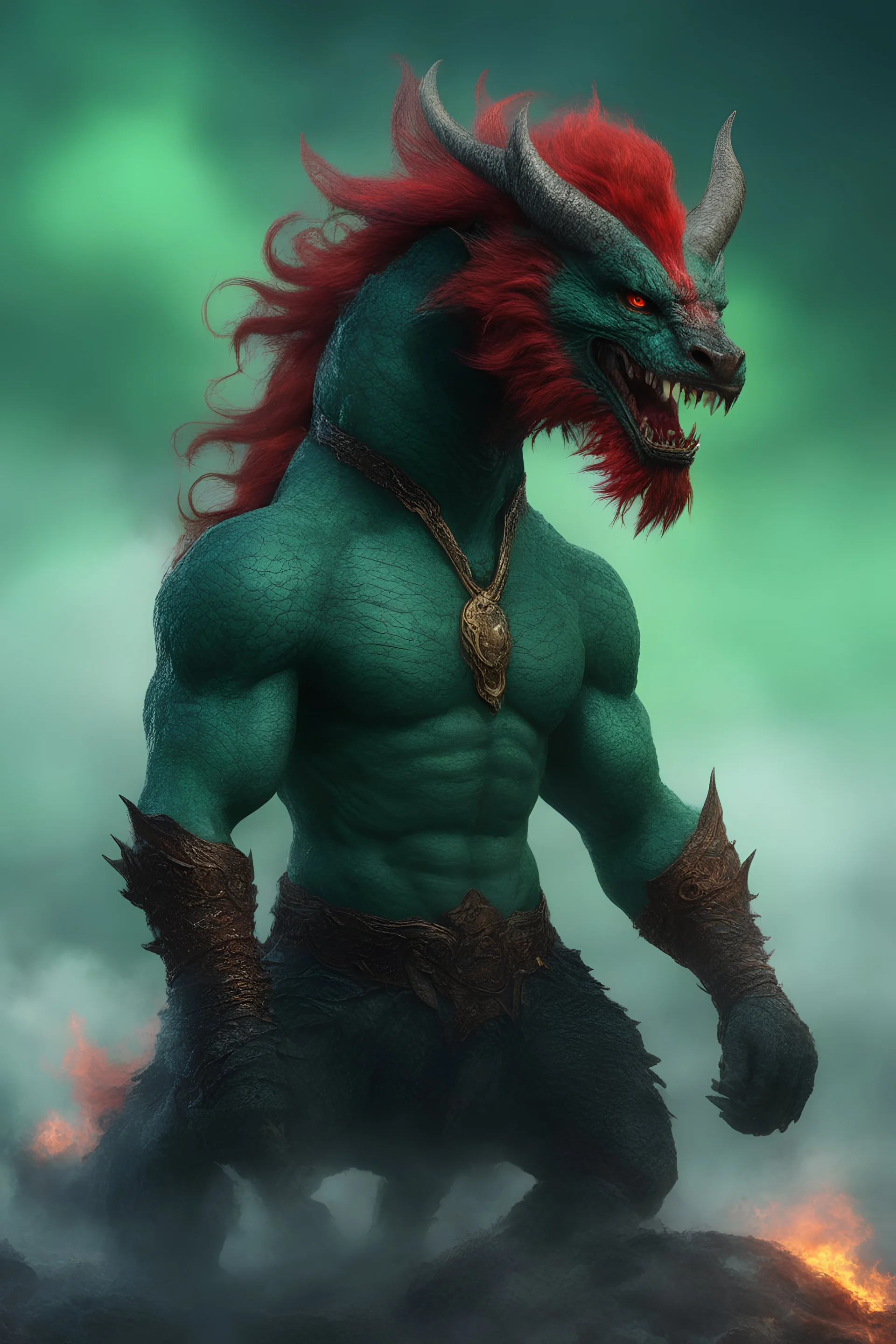 full body, head to toe, 3D, the anthropomorphic black Chinese Indian werewolf Dragon with Long wavy, curly (((red hair))) and bright, (((sea-green eyes))), breathing fire, resembles Elvis Presley - full color - 32k, UHD, 1080p, 8 x 10, glossy professional quality digital photograph - dark foggy gradated background, historic, powerful, octane rendering, exquisite detail, 30 - megapixel, 4k, 85 - mm - lens, sharp - focus, intricately - ((skin details, high detailed skin texture