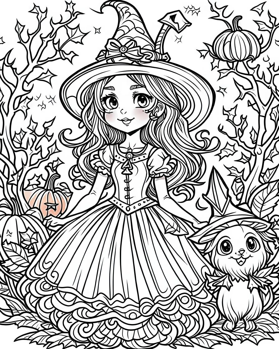 Generate a cute halloween fairy tales illustration, 4k resolution, cartoon-sticker style with clear lines on a pure white background suitable for a children's coloring book.