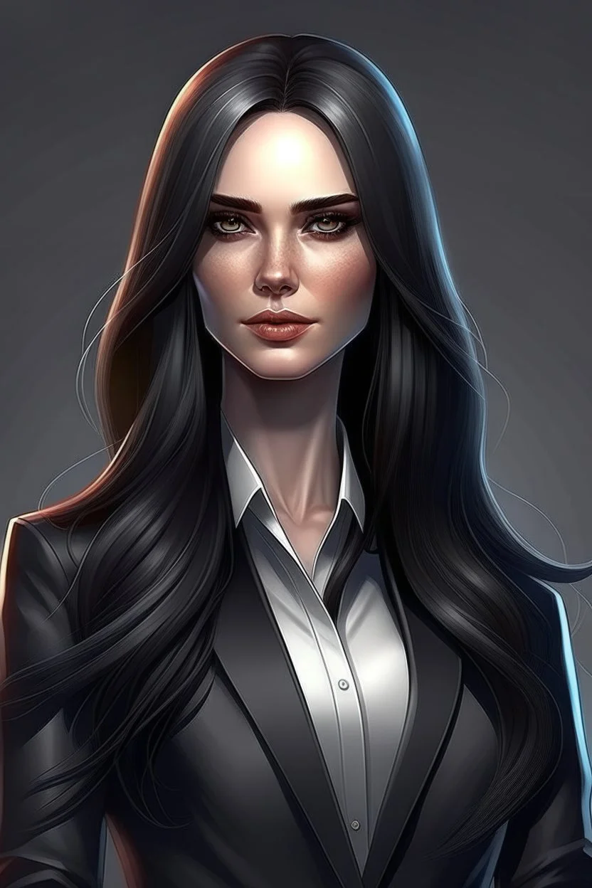 realistic American female president of the future with dark long hair and looking powerful