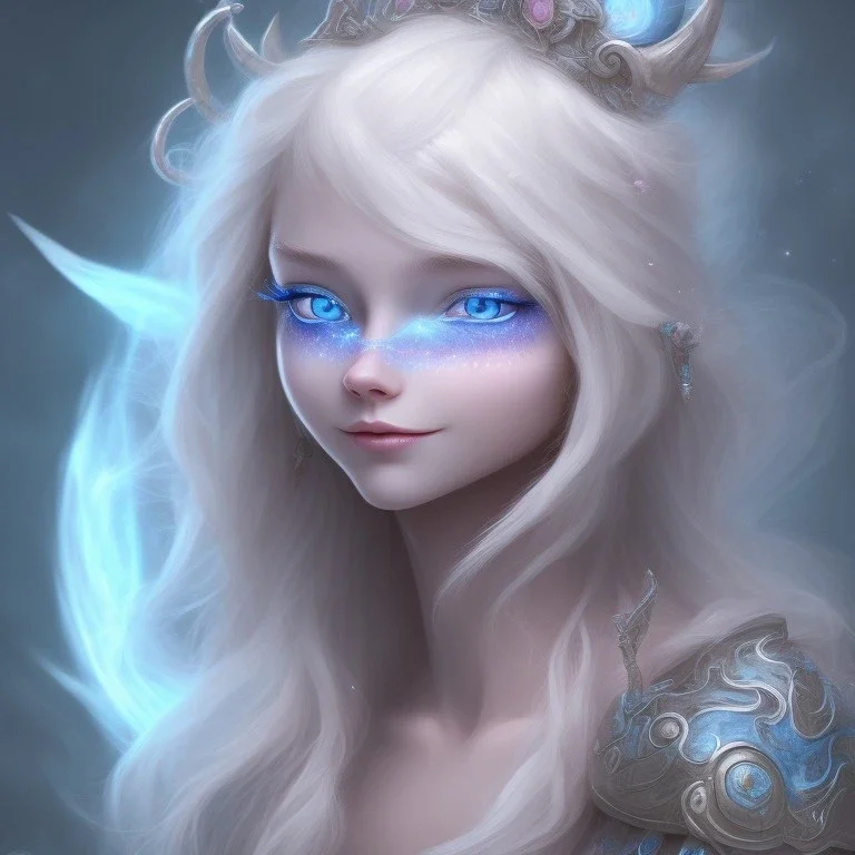 visage souriant, fée magicienne du nord, fantasy, bleu et rose grands yeux bleus, cheveux long blond