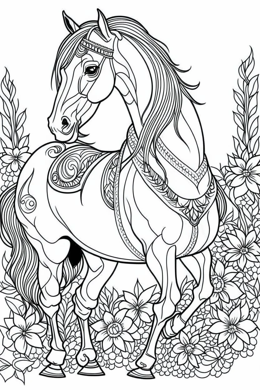 outline art for horse coloring pages with horse and flowers, white background, Sketch style, full body, only use outline, clean line art, white background, no shadows and clear and well outlined