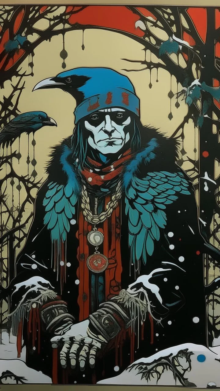 A contemporary serigraphy portrait by Matisse and Kunisada of a human-like raven dressed with a punk leather jacket within a snowy Christmas atmosphere.