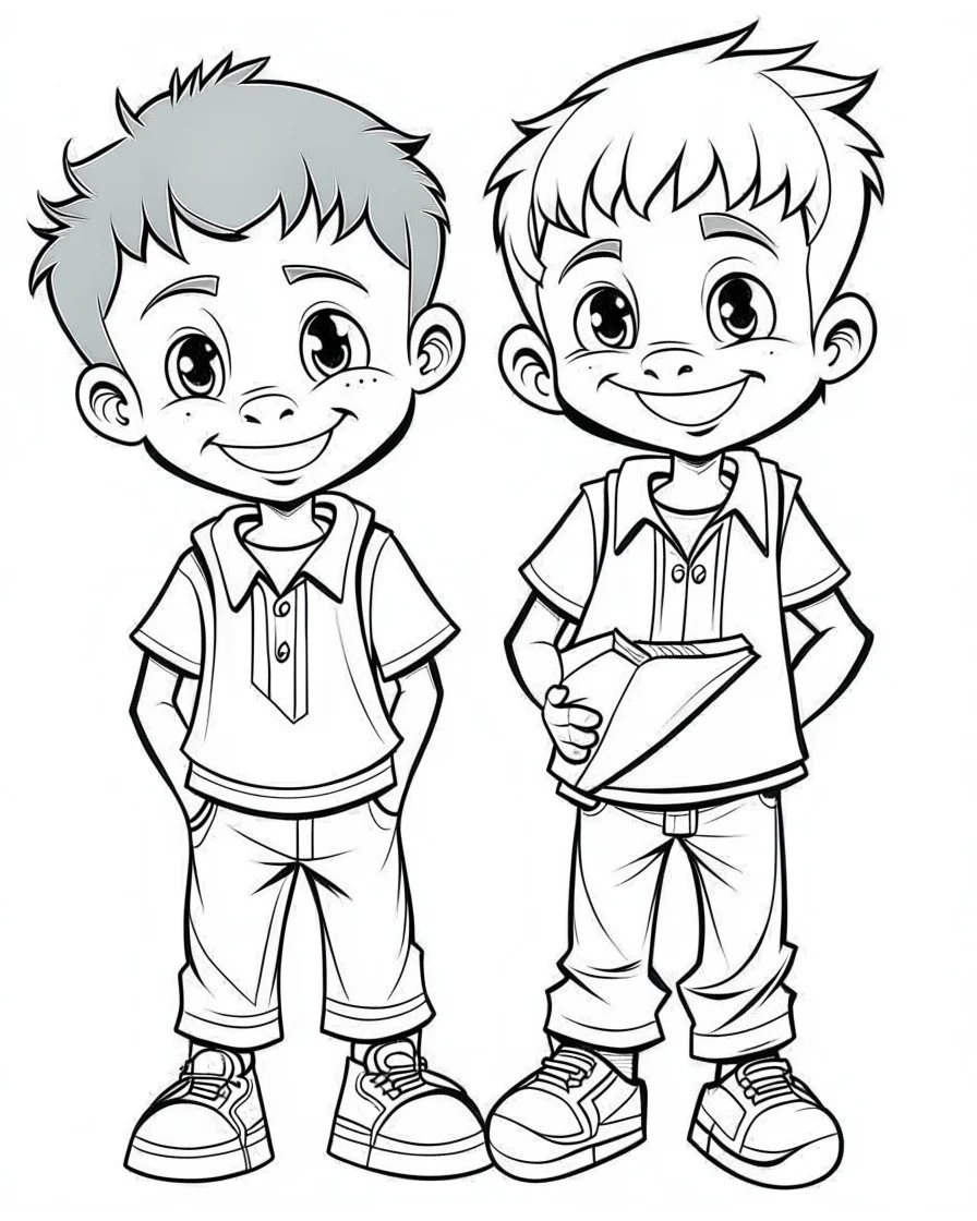 black American two young boys study kids coloring pages, white face no black color, full white, kids style, white background, whole body, Sketch style, full body (((((white background))))), only use the outline., cartoon style, line art, coloring book, clean line art, white background, Sketch style